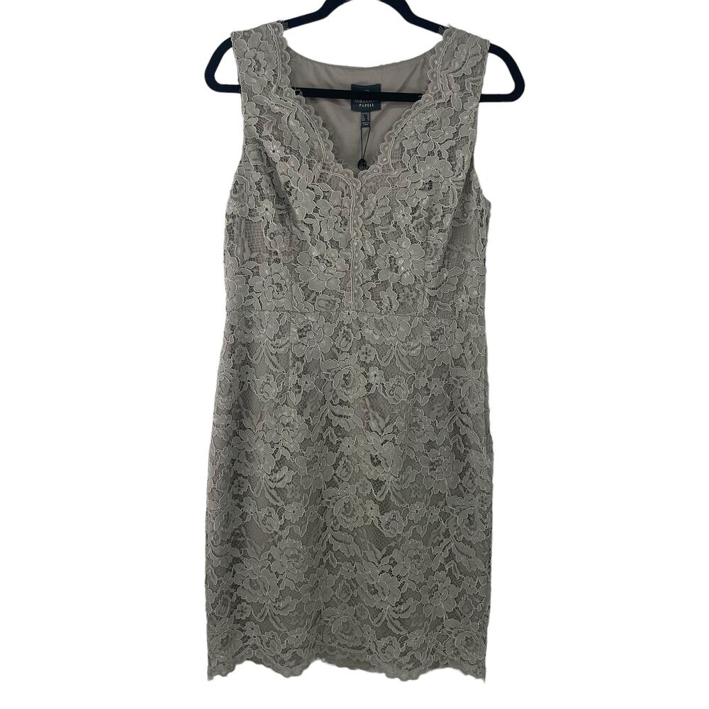 NWT $198 Adrianna Papell Sleeveless V Neck Lace Dress Taupe Womens 12